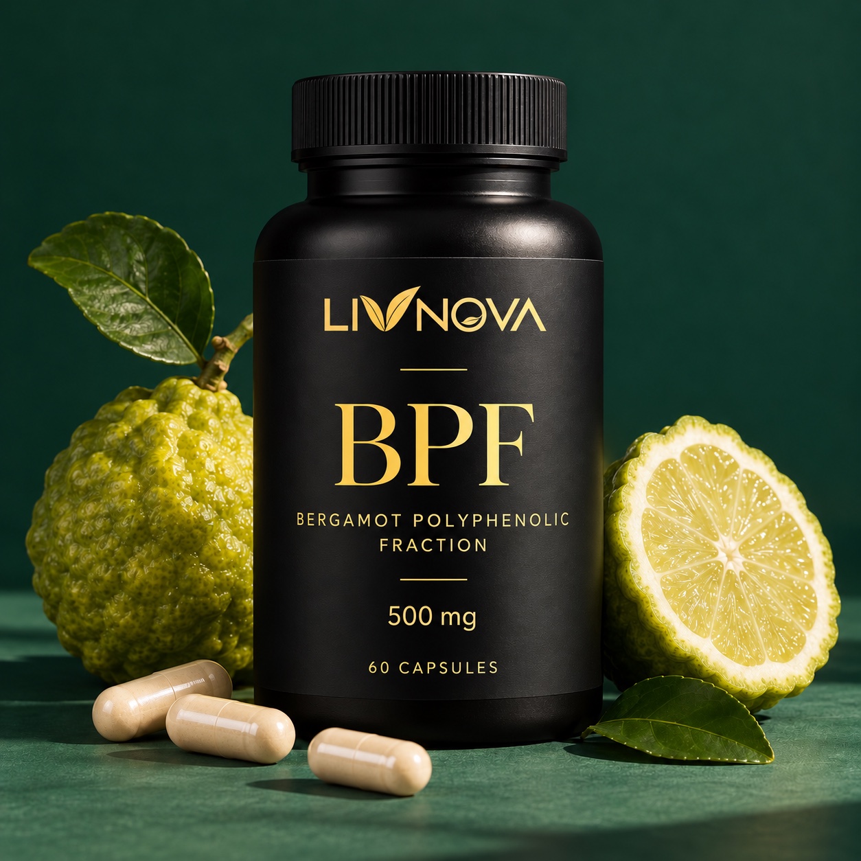 Livnova leaf logo on the original black BPF bottle, with bergamot fruit and capsules